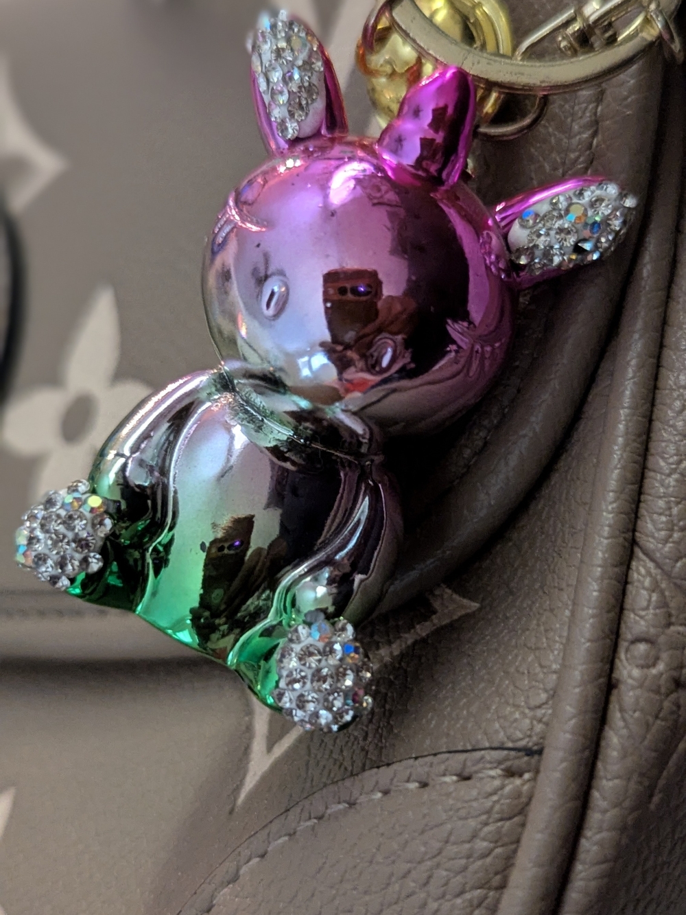 Iridescent Bunny Keychain with Crystal Accents - Pink & Green